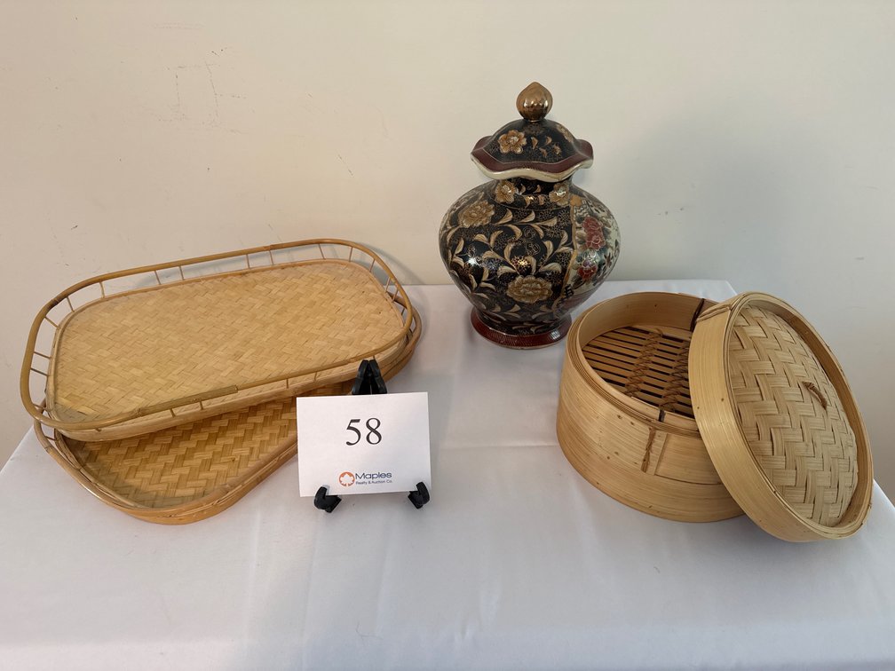 BAMBOO SERVING TRAYS, DUMPLING STEAMER, PORCELAIN JAR