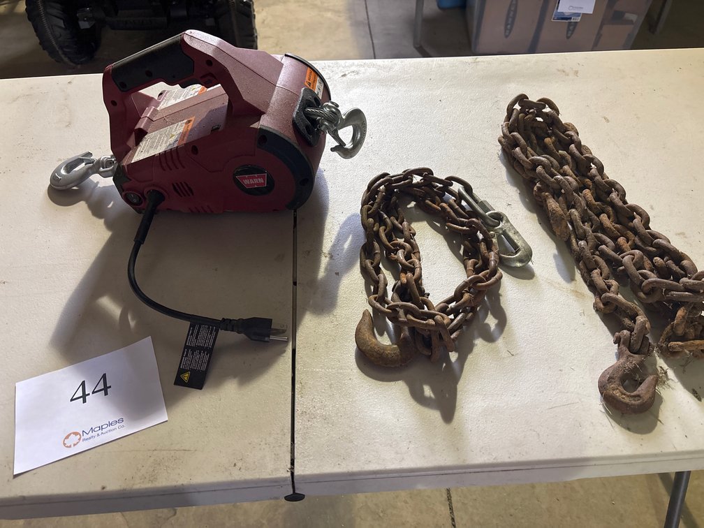 1000 LB. 120 VAC WARN ELECTRIC WENCH AND TWO CHAINS