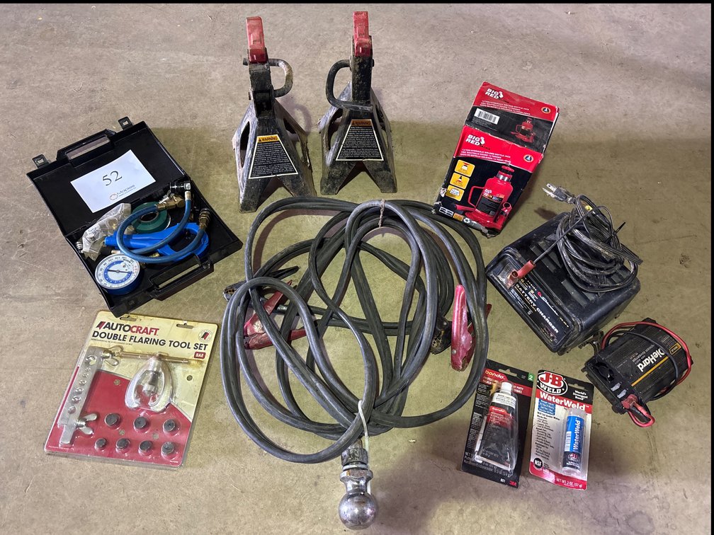 PRO-LIFT JACK STANDS, ICE INSTALLER KIT, JUMPER CABLES, BOTTLE JACK, BATTERY CHARGER, FLARING TOOL SET