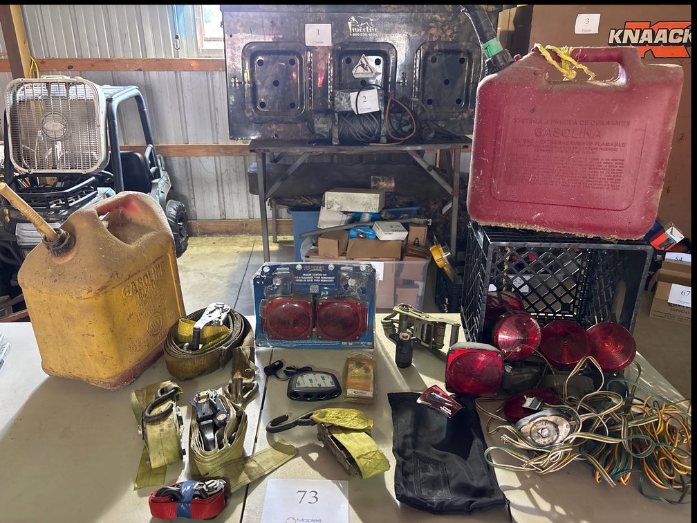 TRAILER LIGHTS, RACHET STRAPS, TWO PLASTIC GAS CANS