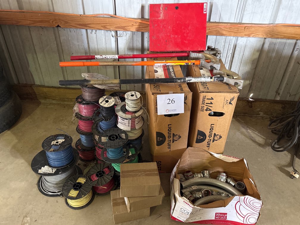 VARIOUS ELECTRICAL WIRE, 2 BOXES OF CONDUIT, MISC. EMT FITTINGS, 3/4” EMT BENDER, (2) 1/2” EMT BENDER