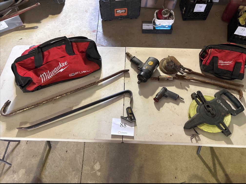 MILWAUKEE BAGS, CROWBARS, IMPACT, SANDER, KOBALT TAPE REEL, PRY BAR, PICKLE FORK