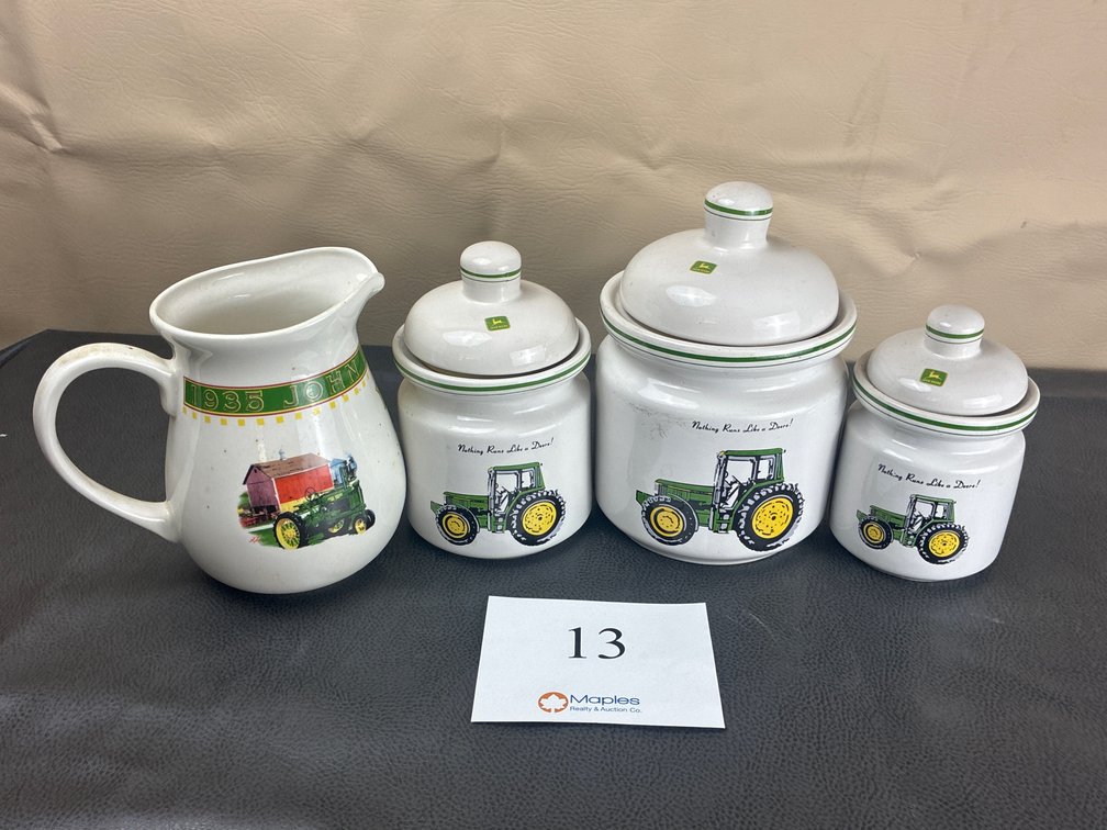 (3) JOHN Deere Ceramic Canisters And Pitcher