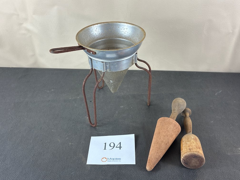 Aluminum Strainer  vintage wood canning sieve pestle