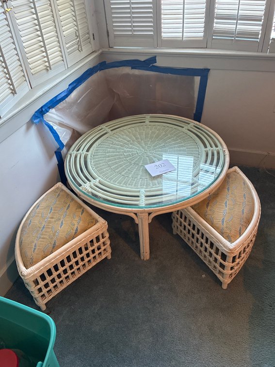 Wicker Table with Glass Top, (3) Seats