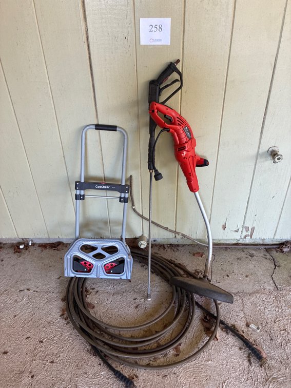 Assortment, Black and Decker weedeater, dolley, Pressure washer gun and hose