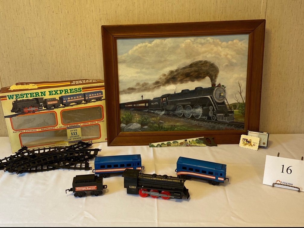Framed Train Painting, Toy Train, Train Pin,  Painted Saw