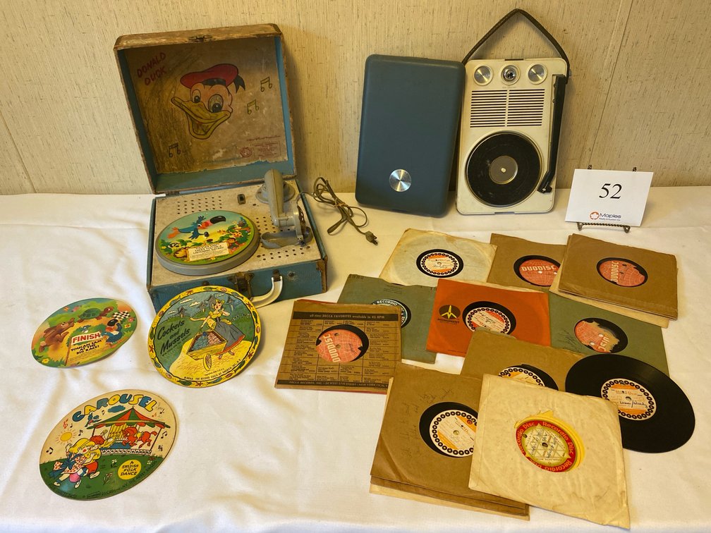 DONALD DUCK RECORD PLAYER, REALTONE RECORD PLAYER AND RECORDS
