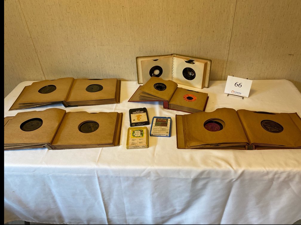 VARIOUS 10” RECORDS,  BOOK OF 45 GLENN MILLER AND HIS ORCHESTRA, BOOK OF BILL MONROE 45’s, 8 Tracks 