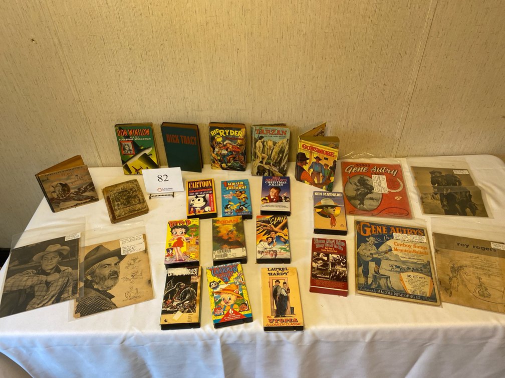 VARIOUS OLD BOOKS, MAGAZINE PAGES, SONG BOOKS, VHS TAPES