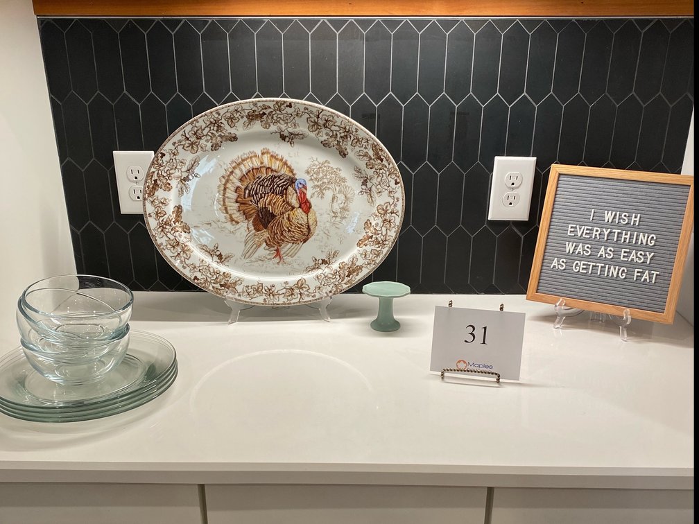 WILLIAMS SONOMA TURKEY PLATTER, LETTER BOARD, CLEAR PLATES AND BOWLS