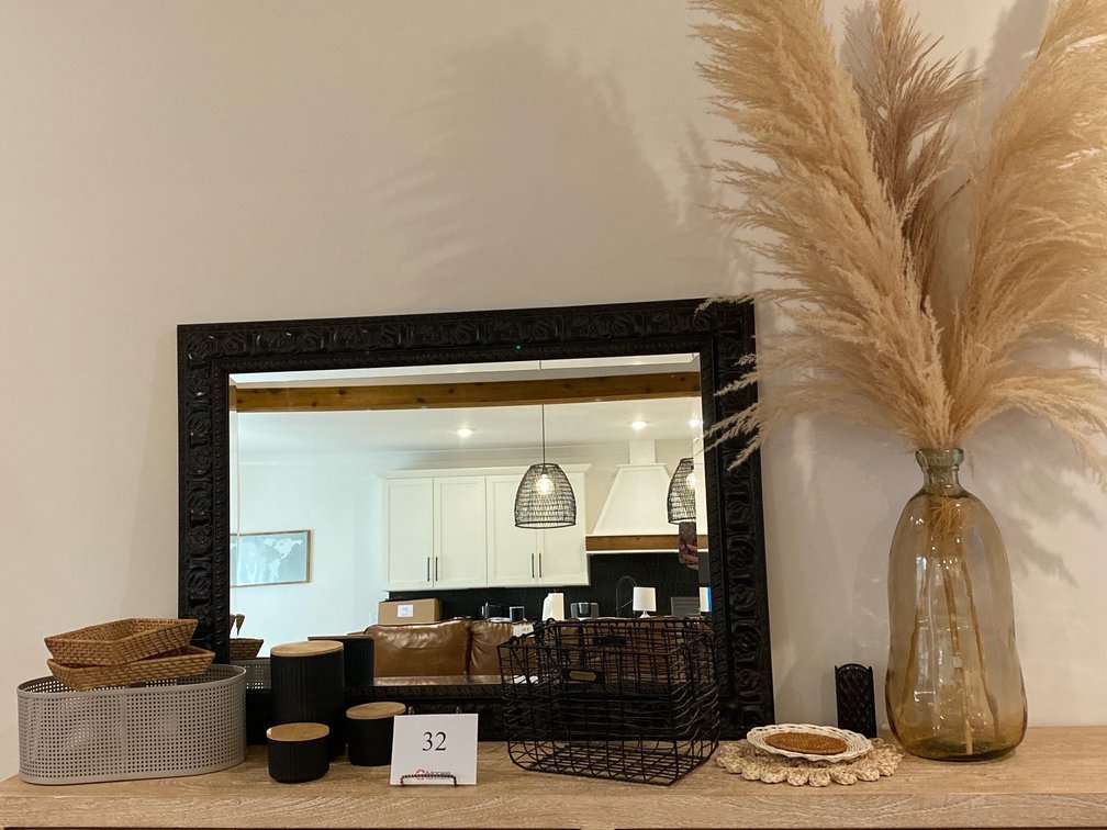 BLACK FRAMED MIRROR, GLASS VASE, BLACK CONTAINERS, 2 WICKER TRAYS, METAL SOAP HOLDER
