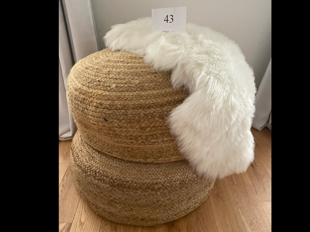TWO BRAIDED JUTE POUF OTTOMANS ( ONE HAS A SEPARATION SPOT), WHITE FUR RUG 