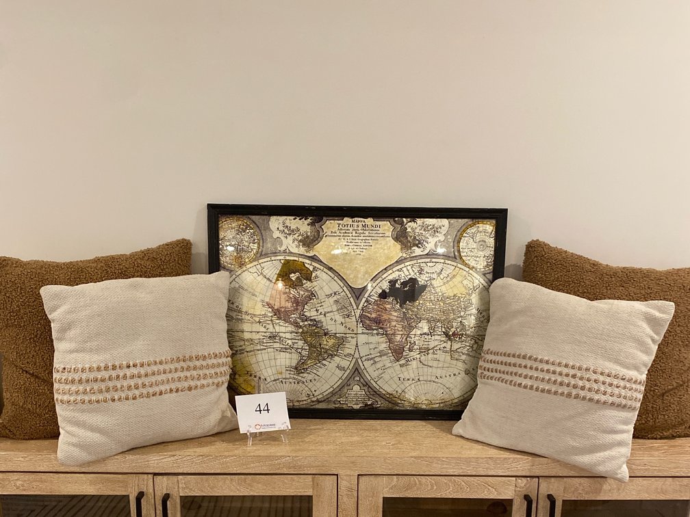 REPRODUCTION FRAMED 24”x33.5” WORLD MAP, 4 DECORATIVE PILLOWS
