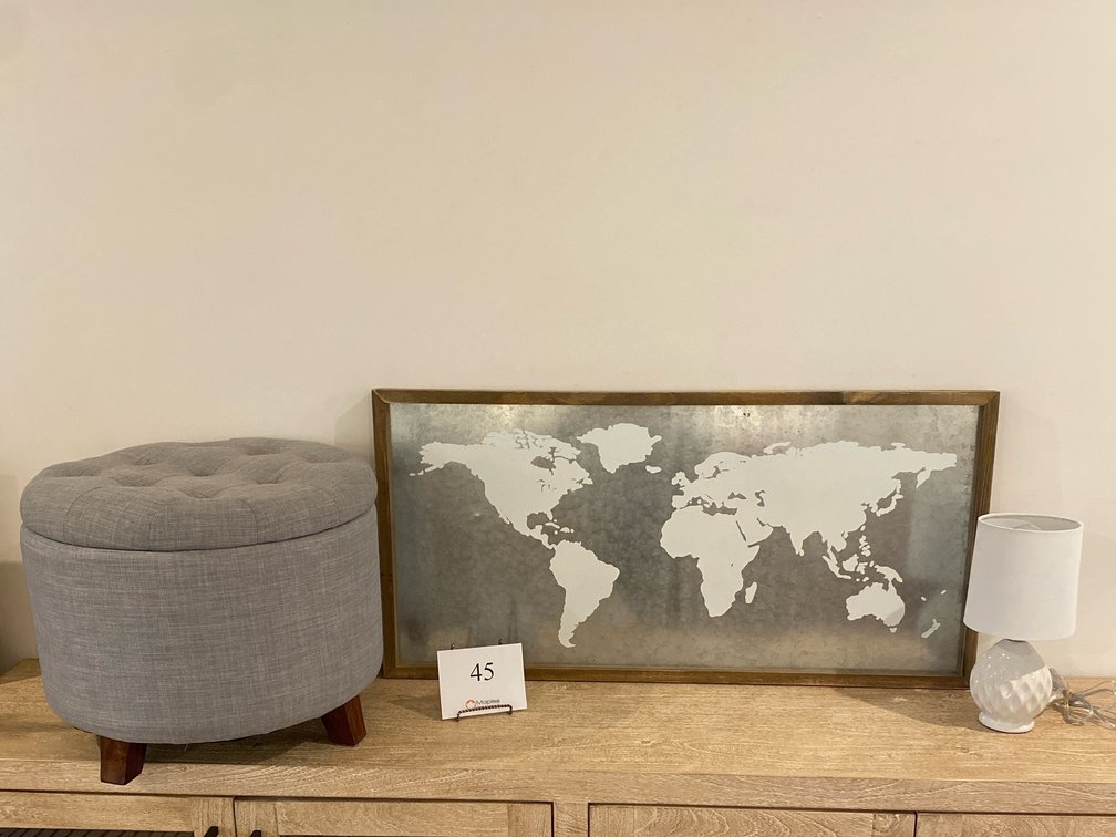 OTTOMAN WITH STORAGE, WOODEN FRAMED WORLD MAP PICTURE, WHITE TABLE LAMP