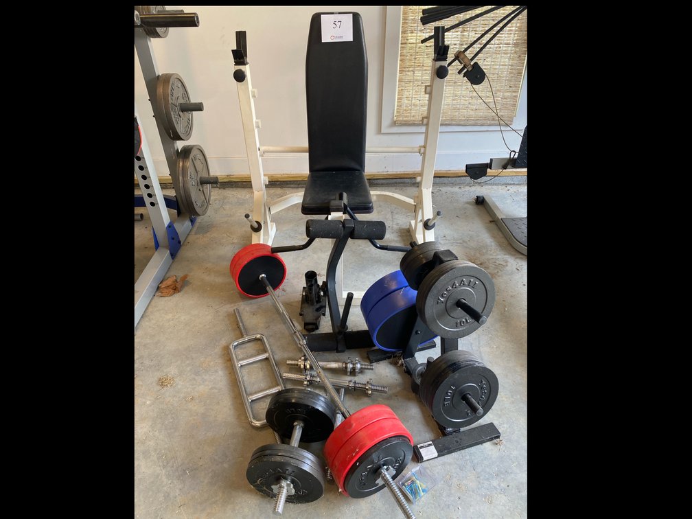 WEIGHT BENCH, FREE WEIGHTS, AND ASSORTED BARS