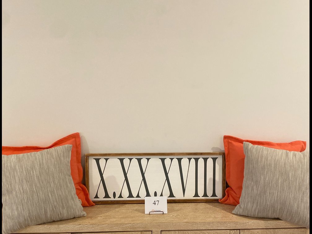 FRAMED ROMAN NUMERAL 10-20-18 SIGN, 4 DECORATIVE PILLOWS