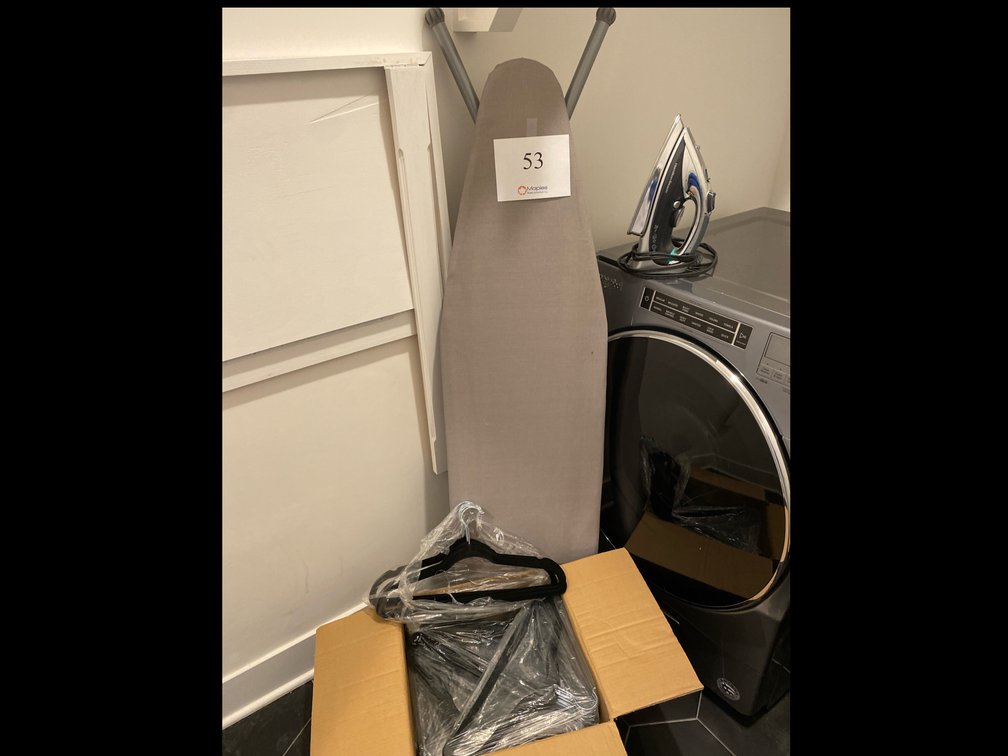 HAMILTON BEACH IRON, BOX OF NEW HANGERS, IRONING BOARD