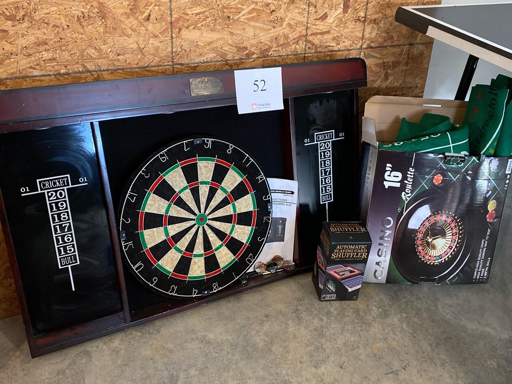 BARRINGTON BILLIARDS & COMPANY DART BOARD AND CABINE, CASINO 16” ROULETTE WHEEL, AUTOMATIC CARD SHUFFLER 
