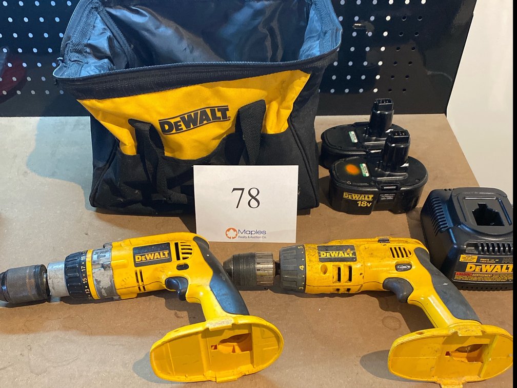 TWO DEWALT 3/8 XRP CORDLESS DRILLS WITH 2 BATTERIES, CHARGER AND CARRYING CASE
