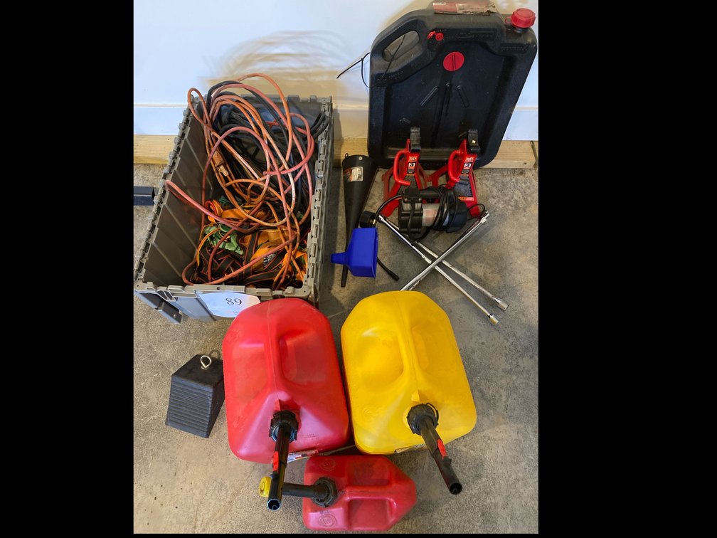 JACK STANDS, COMPRESSOR, GAS CONTAINERS, LUG WRENCHES, VARIOUS STRAPS AND EXTENSION CORDS