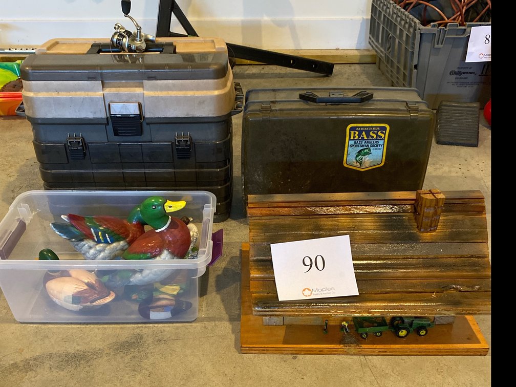 FISHING TACKLE BOXES, DECORATIVE DUCKS AND HANDMADE CABIN