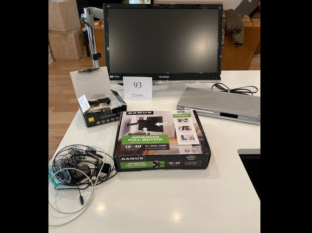 VIEWSONIC MONITOR AND STAND, TV FULL MOTION MOUNT, NIKON COOLPIX S3100 CAMERA, PHILIPS DVD PLAYER