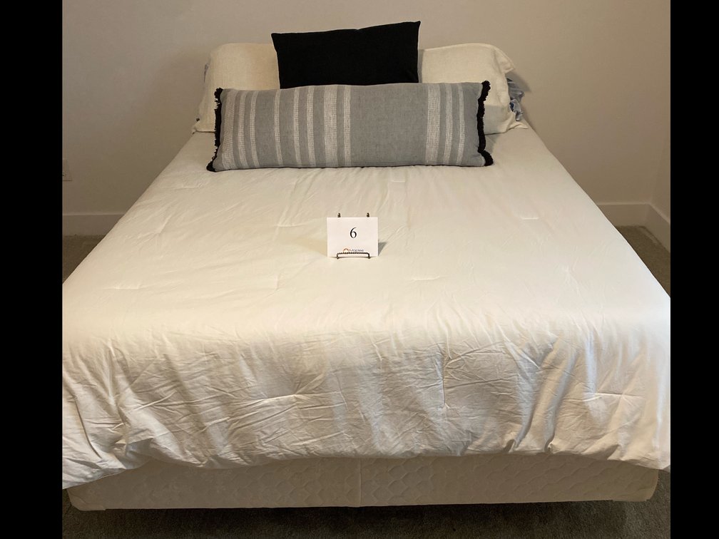 QUEEN BED, MATTRESS, AND BEDDING 
