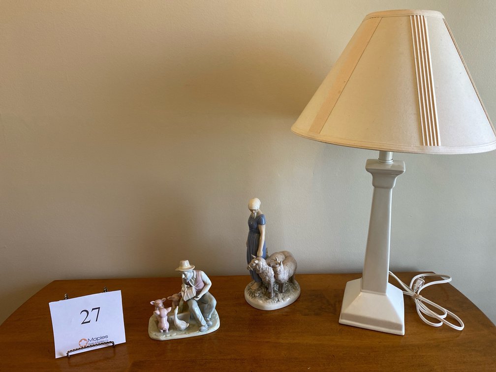 MAID LEADING SHEEPS MADE IN DENMARK FIGURINE, MAN FEEDING PIGS FIGURINE, WHITE LAMP 26”H