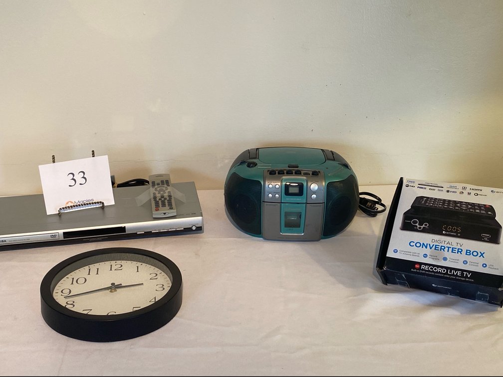 DIGITAL TV CONVERTER BOX, TOSHIBA DVD PLAYER, EMMERSON PORTABLE DISC RADIO CASSETTE STEREO PLAYER, WALL CLOCK