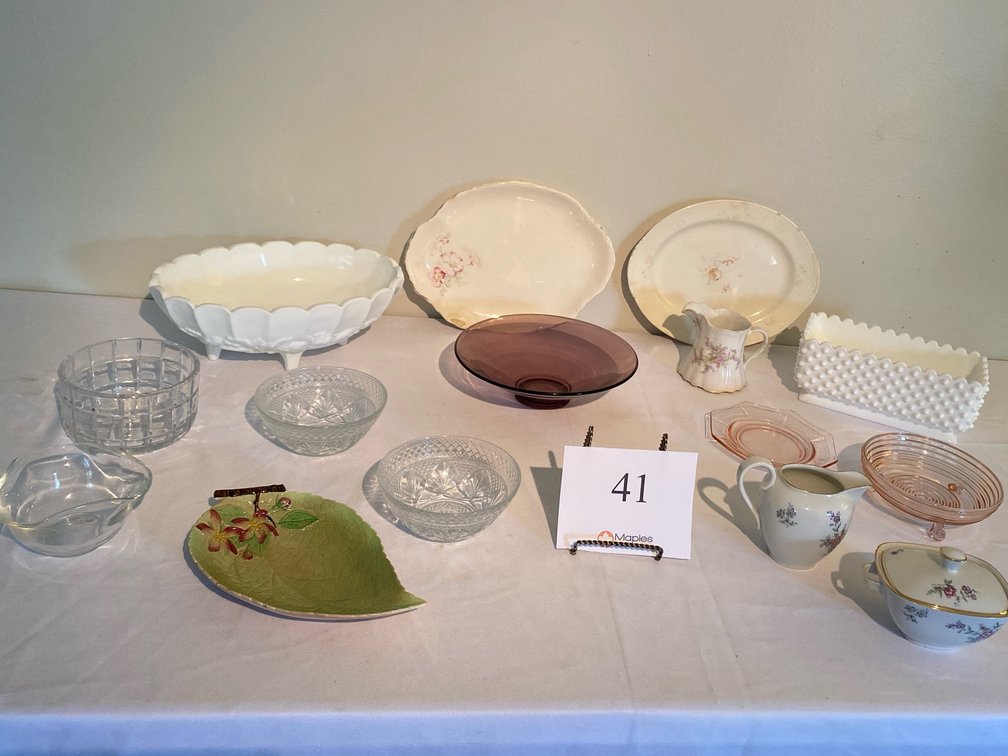 VARIETY OF CHINA PLATES, GLASS CANDY DISHES, GLASS BOWLS, CREAMER AND SUGAR SET, HOBNAIL PLANTER, WHITE GRAPE BOWL, PURPLE COLORED GLASS BOWL