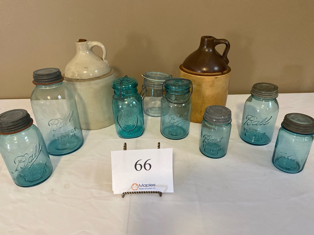 VARIOUS ANTIQUE  BALL JARS AND TWO MOONSHINE JUGS