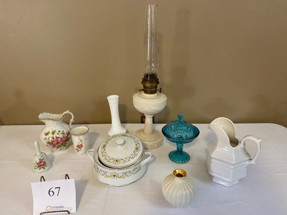 WHITE ANTIQUE OIL LAMP 25”H, BLUE GLASS CANDY DISH, STERLING CHINA CROCK WITH LID, PORCELAIN FLORAL PITCHER WITH MATCHING CUP, FLORAL BELL, WHITE HAEGER PITCHER, WHITE VASE WITH GOLD ACCENT TOP 
