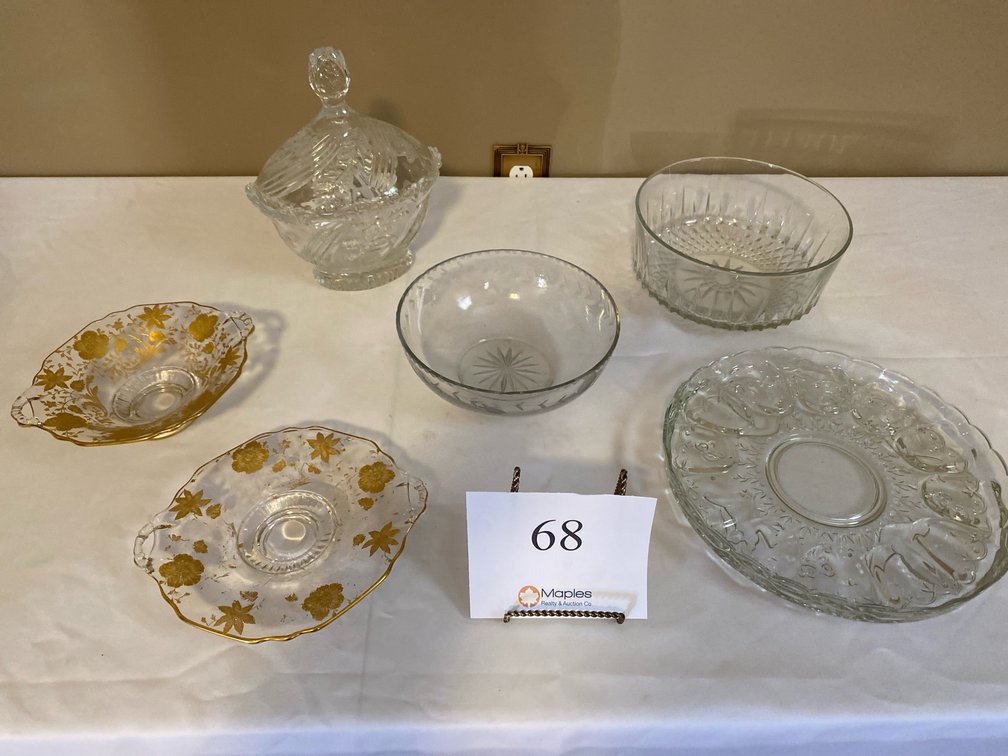 GOLD FLORAL BOWL AND PLATE, CHRYSTAL CANDY DISH, TWO GLASS BOWLS, GLASS EGG TRAY