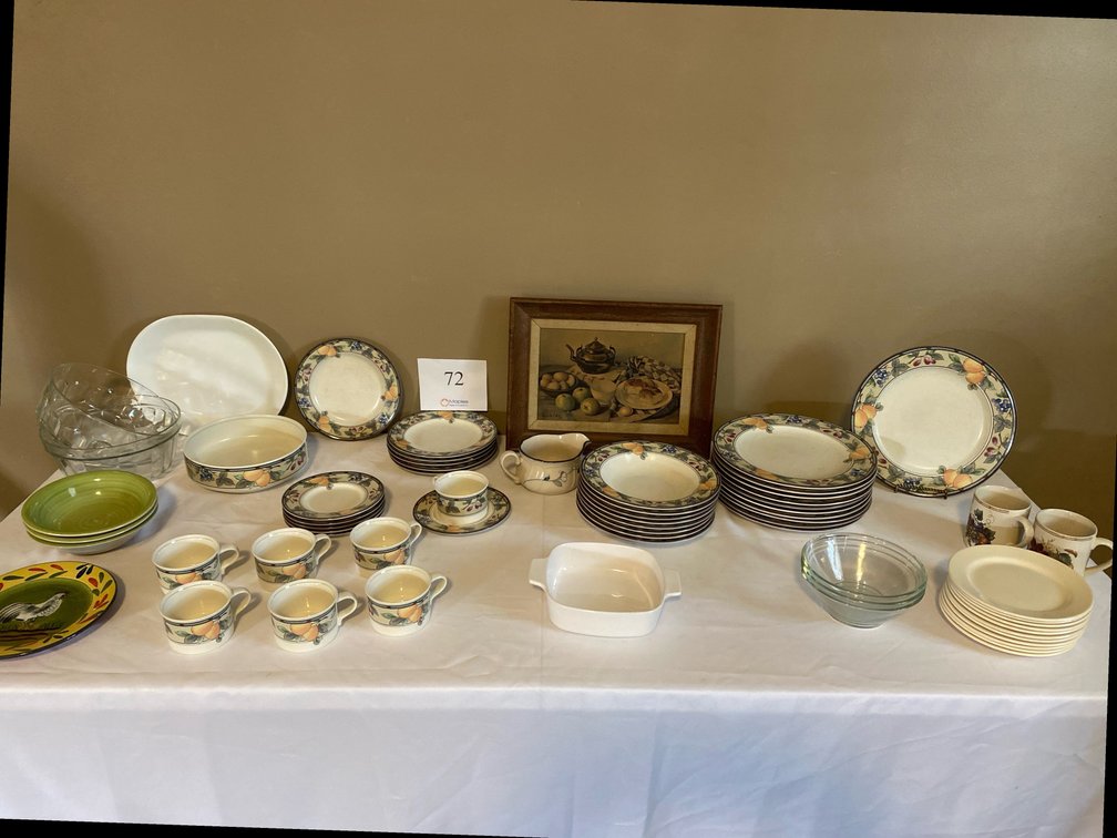 FRMED FRUIT ART, MIKASA FRUIT DINNER PLATES, BOWLS, SAUCERS AND COFFEE CUPS, SERVING BOWL, AND VARIOUS GLASS SERVING BOWLS AND WHITE PLATES, WHITE PLATTER