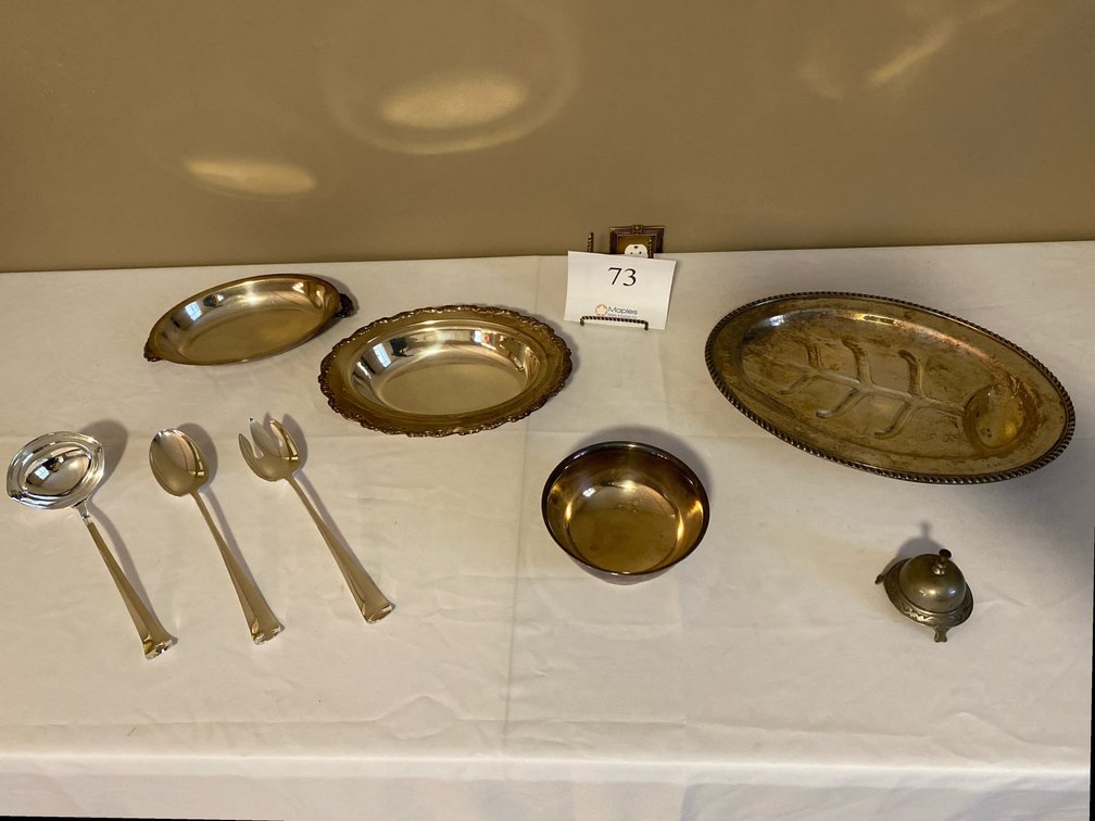 METAL/SILVER SERVING DISHES, METAL/SILVER SPOONS, ANTIQUE BELL, 3 PIECE TAUNTON SERVING SET 