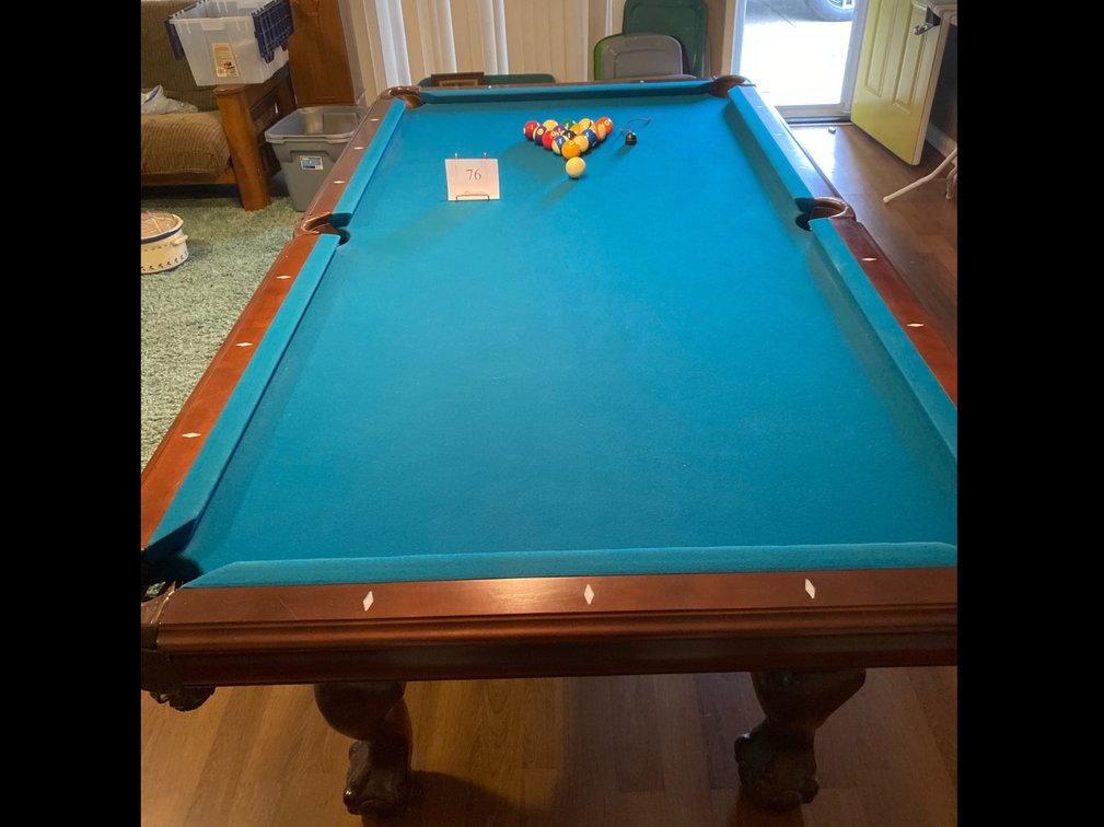 AMERICAN HERITAGE 8’ CLAW FOOT TABLE WITH COVER AND WITH A SET OF POOL BALLS