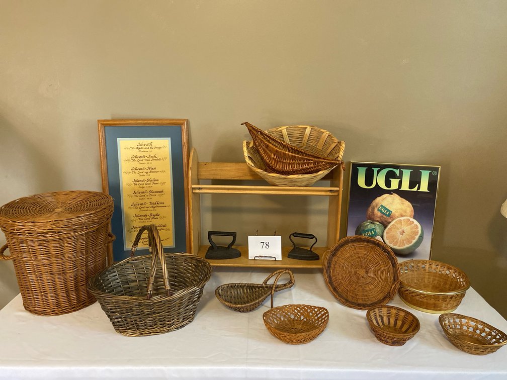 2 ANTIQUE BLACK IRONS, WOODEN SHOE RACK, FRAMED JESUS NAMES. FRAMED UGLI PICTURE, VARIOUS WICKER BASKETS