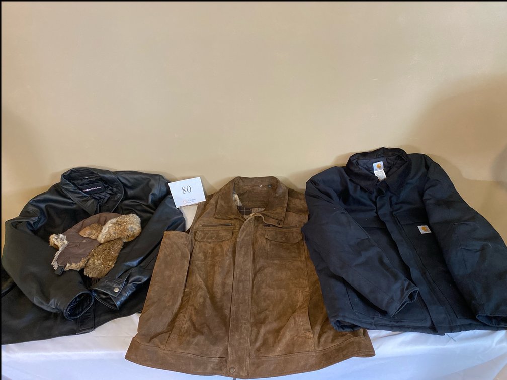 CHARLES KLEIN 5X BLACK LEATHER JACKET, ROUNDTREE AND YORKE 4XT BROWN LEATHER VEST, CARHARTT BLACK 4XL  COAT, LEATHER/RABBIT MENS LARGE HAT 