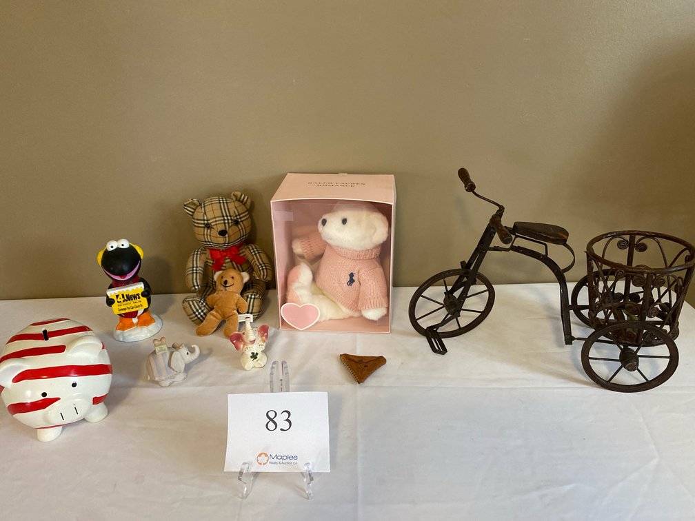 RALPH LAUREN BEAR, 2 CERAMIC ELEPHANTS, SNOW BIRD, TRICYCLE PLANTER, RED AND WHITE PIGGY BANK, SMALL COIN PURSE 
