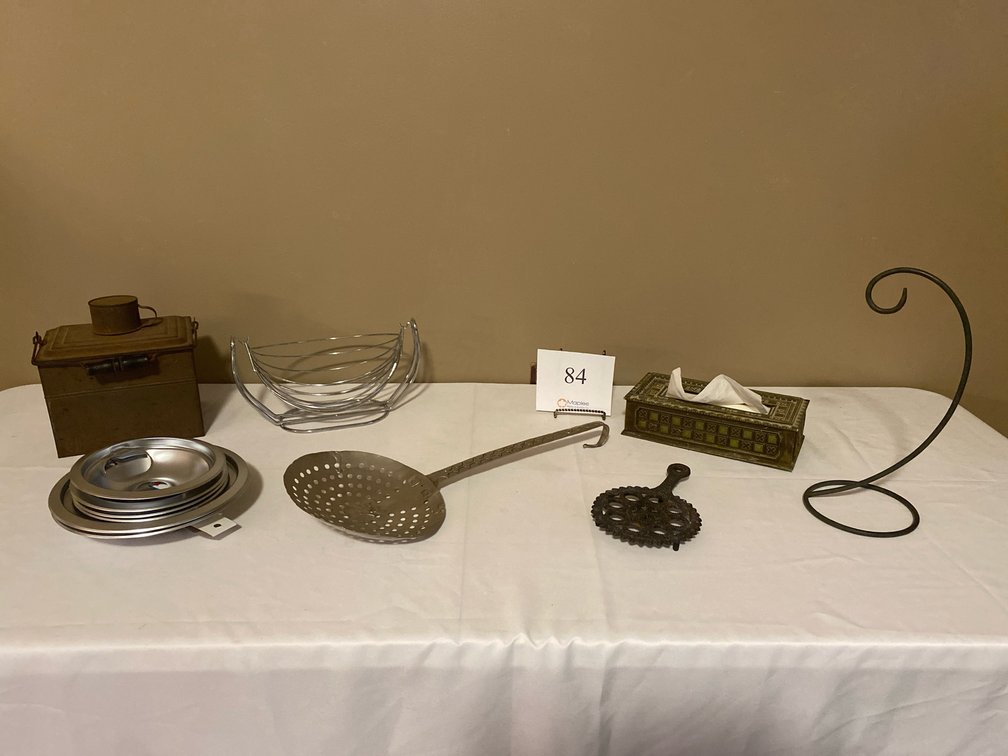 ANTIQUE LUNCH BOX, ANTIQUE TISSUE BOX HOLDER, METAL TRIVET, DECORATIVE STRAINER WITH HANDLE, HANGING FRUIT BASKET, DRIP BOWLS, BANANA HOLDER, 