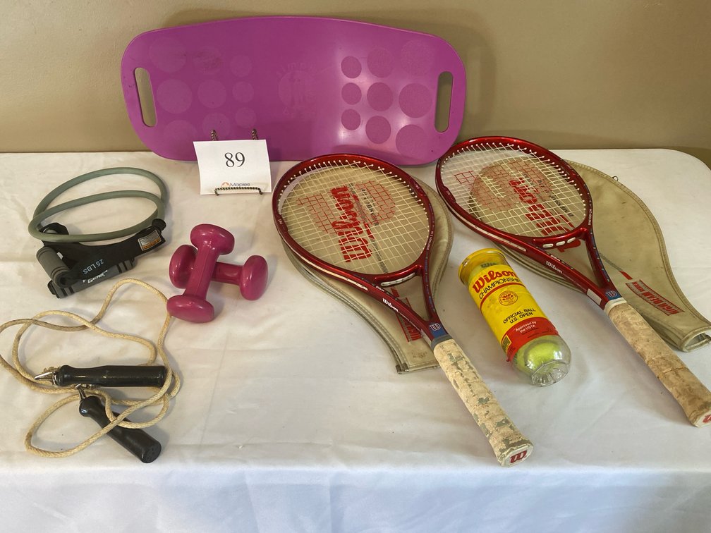 TWO WILSON TENNIS RACKETS WITH COVERS, TENNIS BALLS, PURPLE SLED, PINK WEIGHTS, JUMP ROPES
