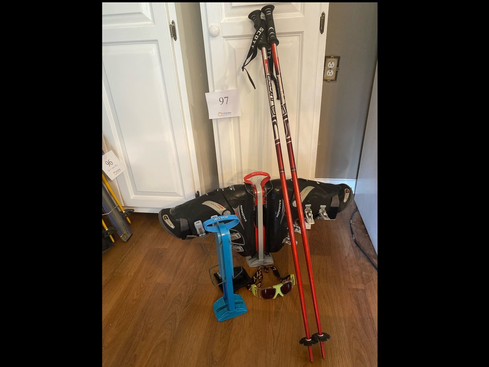 SALOMON SKI BOOTS SIZE 13.5, RED AND BLACK SCOTT SKI POLES, LIBERTY SKI GOGGLES, SKI BOOT HOLDER