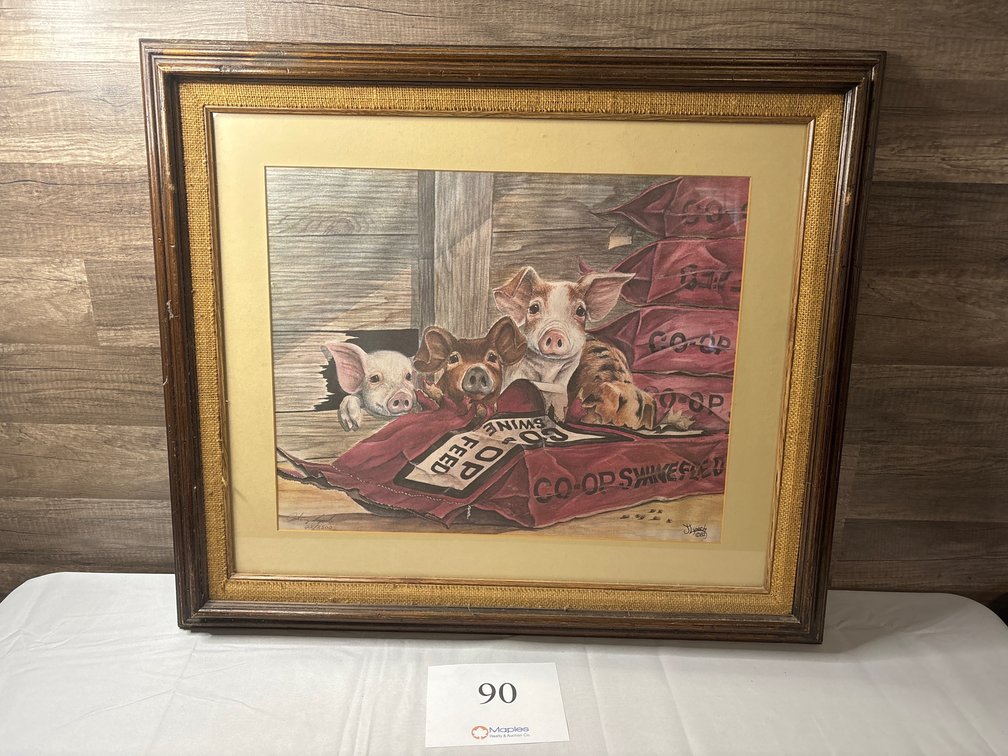 Vintage Framed Farm Pig Painting