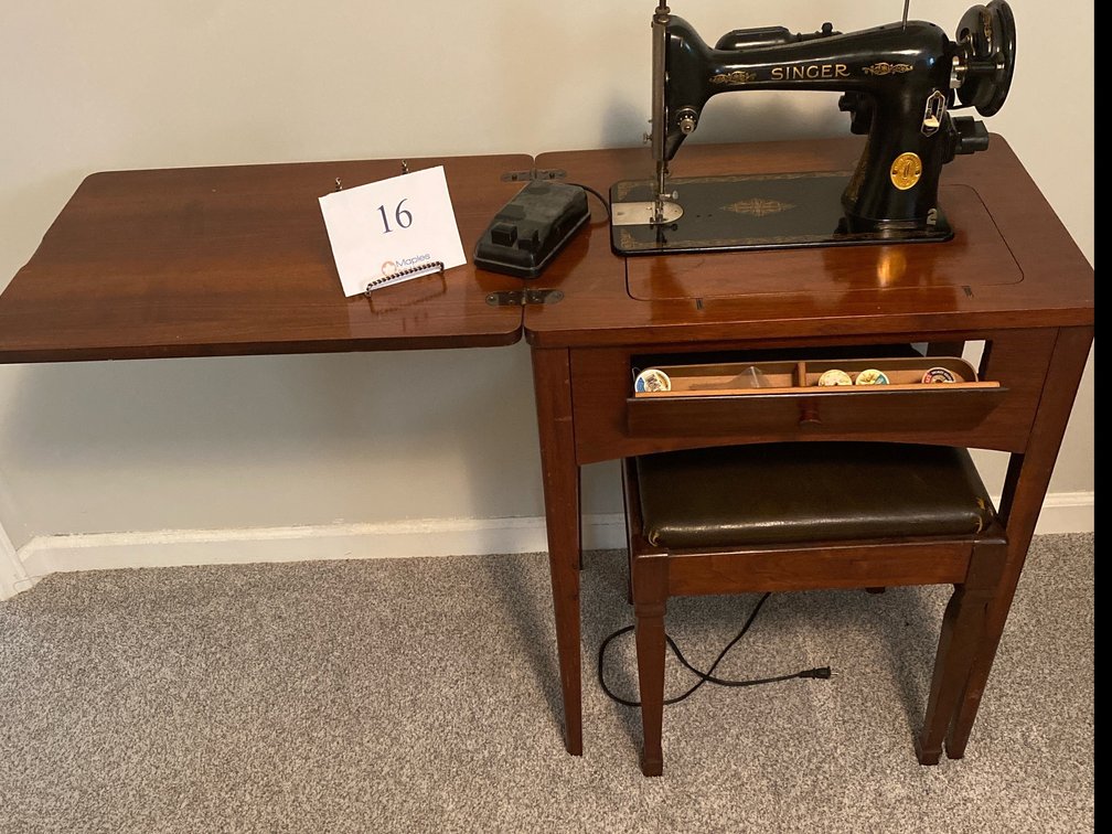 SINGER SEWING MACHINE WITH BENCH SEAT, VARIOUS SEWING SUPPLIES AND BUTTONS