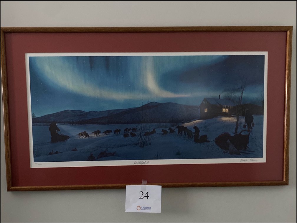 SIGNED CHARLES GAUSE FRAMED TITLED LIGHTS ON THE IDITAROD TRAIL ART WORK