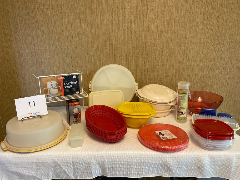 VARIOUS STORAGE AND SERVING CONTAINERS, SOME TUPPERWARE PIECES, 2 WHITE SHELVES, SALT AND PEPPER SHAKER