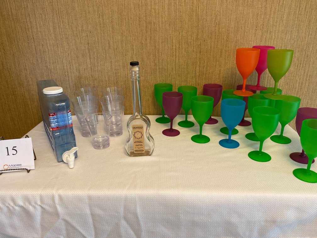 VARIOUS PLASTIC DRINKING GLASSES, DELMONACO GLASS BEVERAGE GUITAR SHAPED CONTAINER, BEVERAGE CONTAINER 1.25 GAL, 