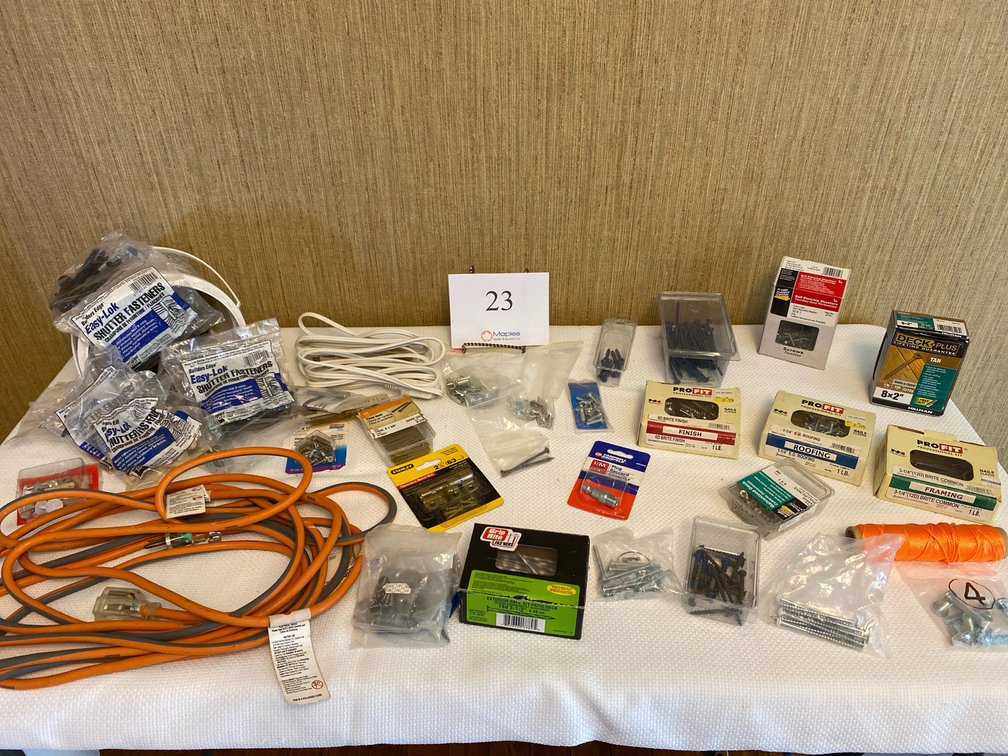 MIXED LOT OF NAILS, SCREWS, SHUTTER FASTENER AND EXTENSION CORDS
