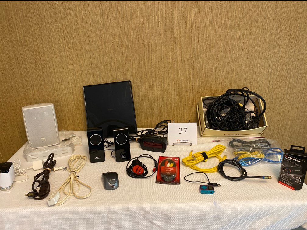 RCA ANTENNA, MP3 PLAYER,  DUAL SPEAKER, MURKURY SPEAKERS, MONSTER BLUETOOTH AUDIO RECEIVER, ALARM CLOCK AND VARIOUS ELECTRONIC CORDS